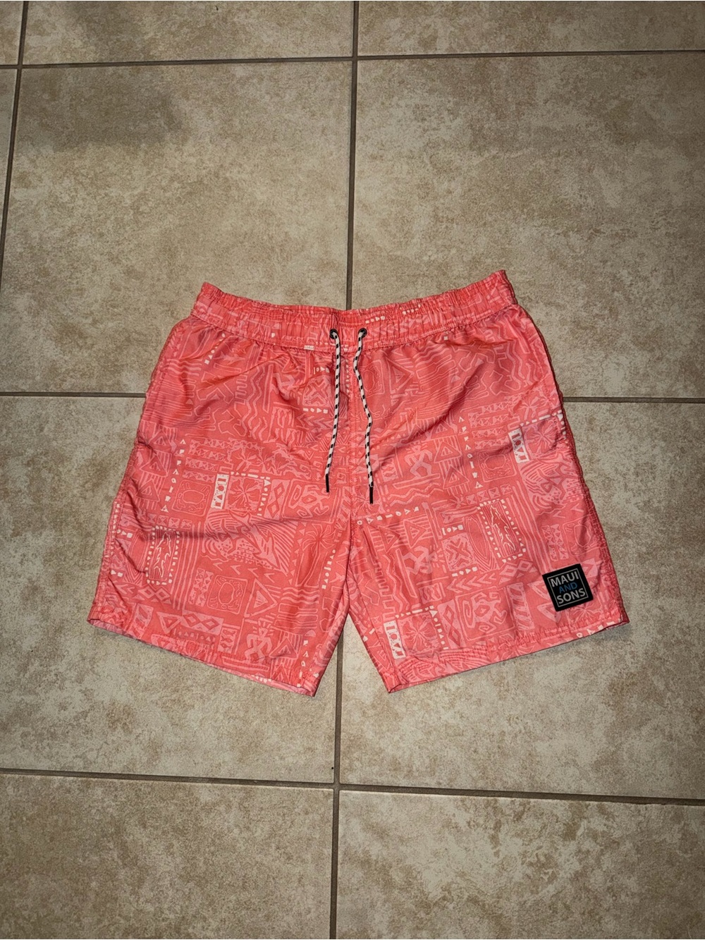 Maui and Sons Vintage Coral Salmon Pink White Swim Trunk Shorts